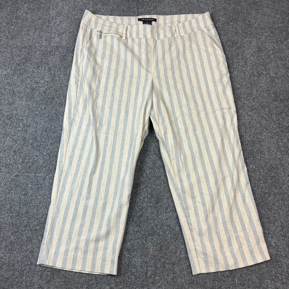 Zac & Rachel Striped Linen Blend Cropped Pants‎ Beige Blue Size 14 36x22 Capri
